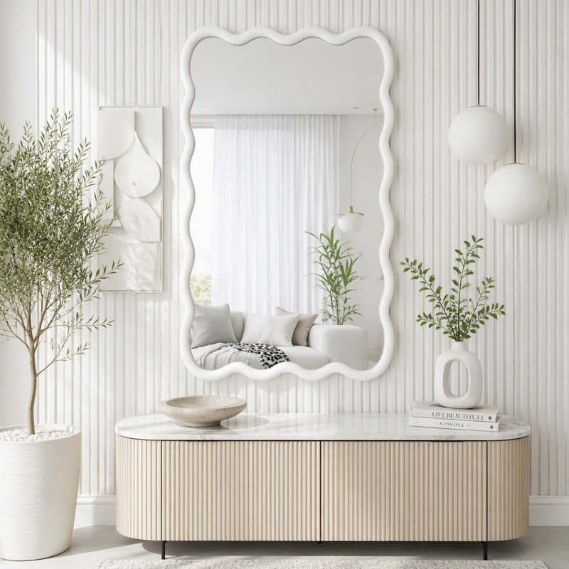 Wavy Rectangle Solid Wood Frame Mirror, White
