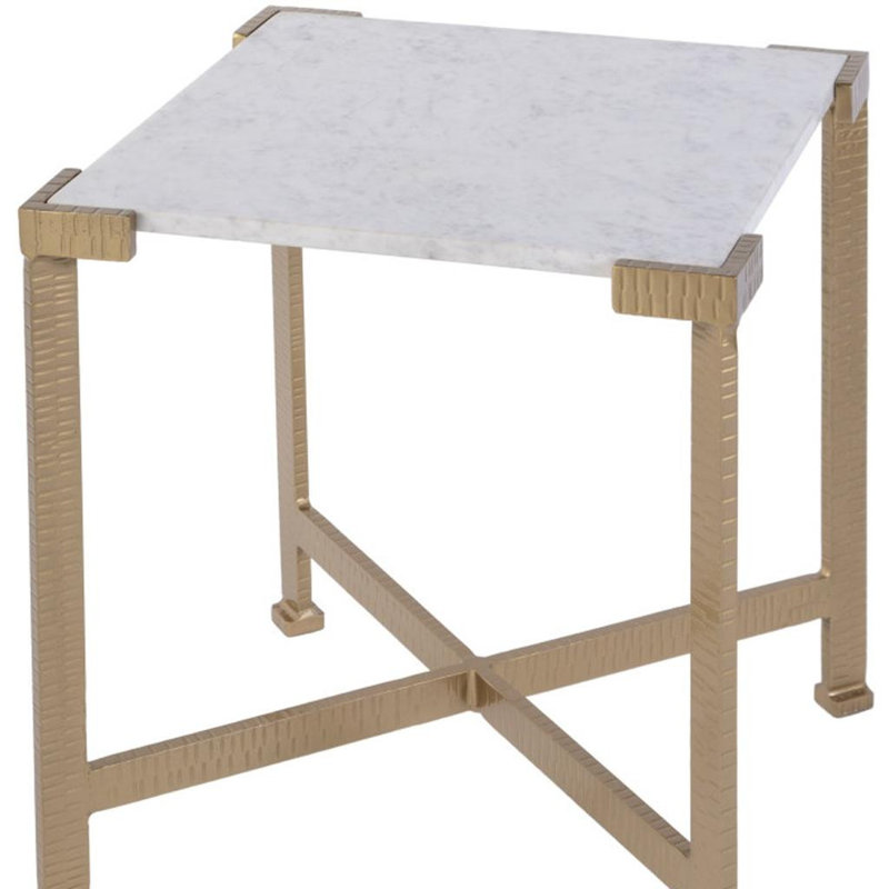 Table de bout carrée en marbre et fer vieilli 20 po blanc et or