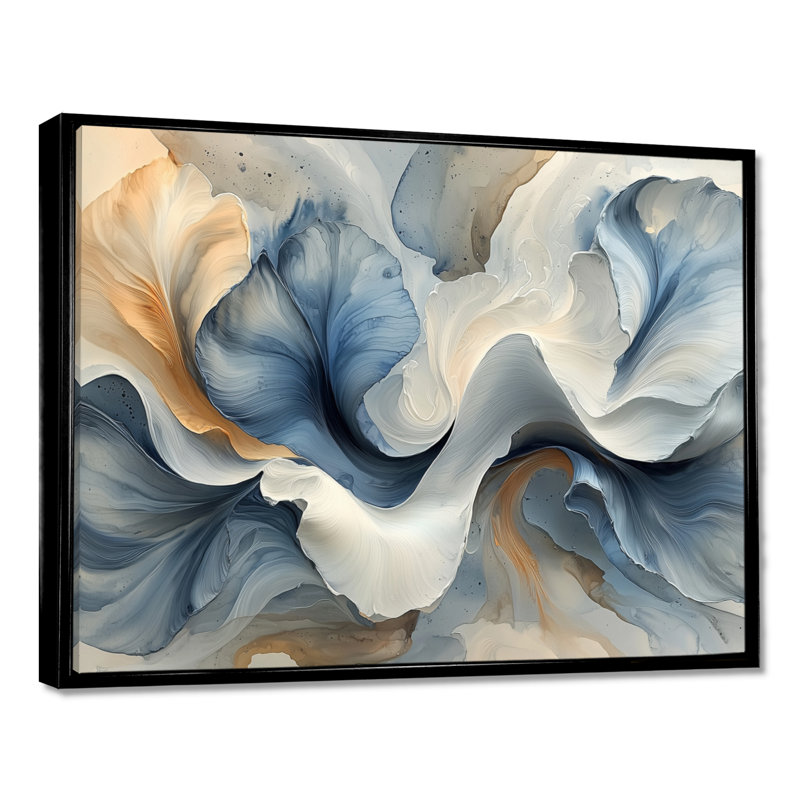 Ocean Blue Delicate Floral Petals IV - Abstract flowers Wall Art Decor, Floater Frame Print, 34" H x 44 W, Black
