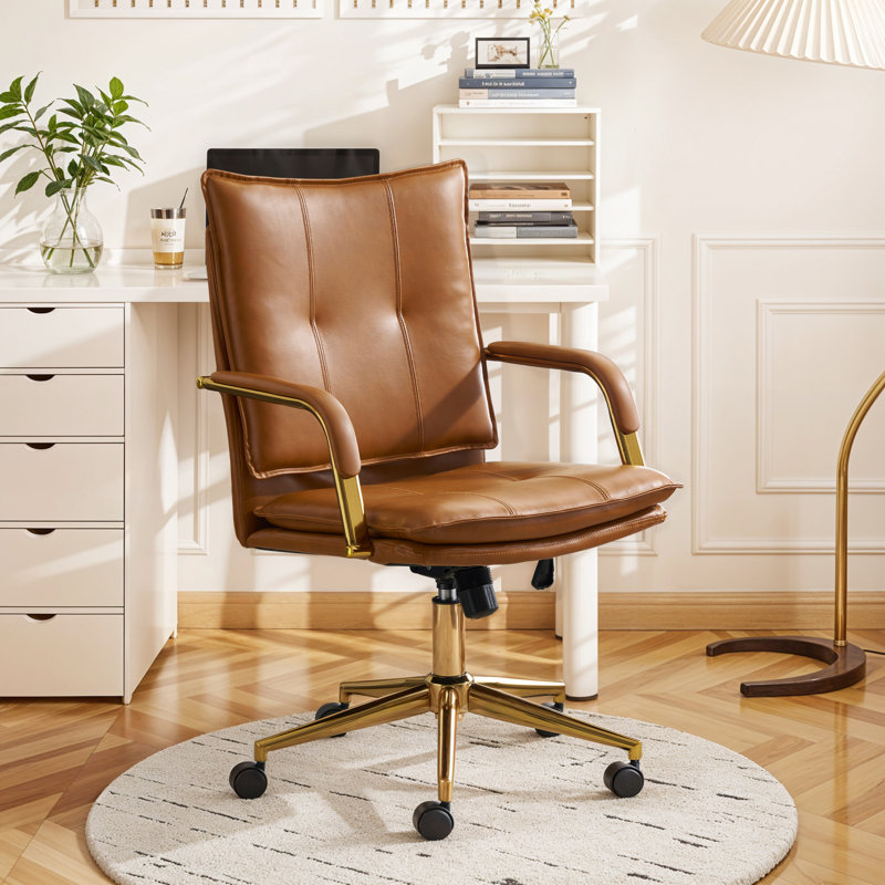 23.2''W Adjustable High Luxury Faux Leather Camel Office Chair with Padded Arms and Swivel Upholstered Seat, Camel