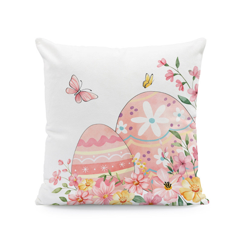 Taie d'oreiller sur le thème de Pâques avec un motif d'œufs de lapin et de fleurs, une taie décorative festive et des carrés de 45 po