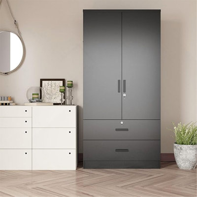 Armoire-penderie en bois avec 2 portes et 2 tiroirs, armoire de rangement autoportante pour chambre à coucher avec tablettes, armoire en bois pour suspendre les vêtements