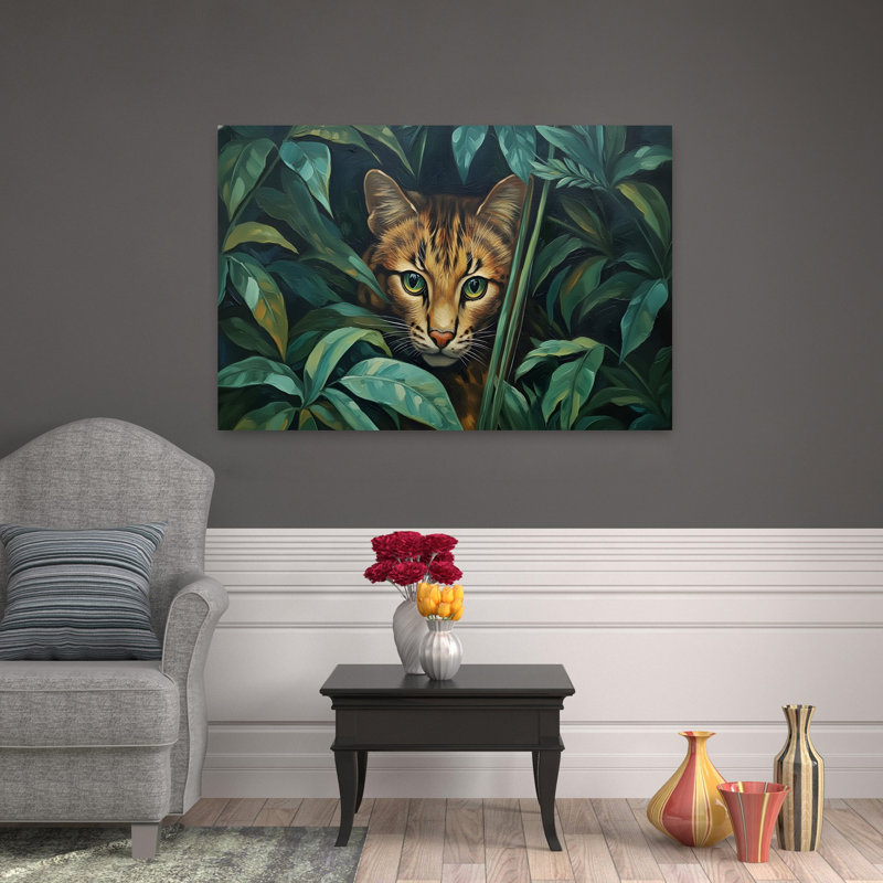 Chat Bengal, oiseau abstrait, cerise, pivoine, fleur, art mural, H 48 po x l 32 po