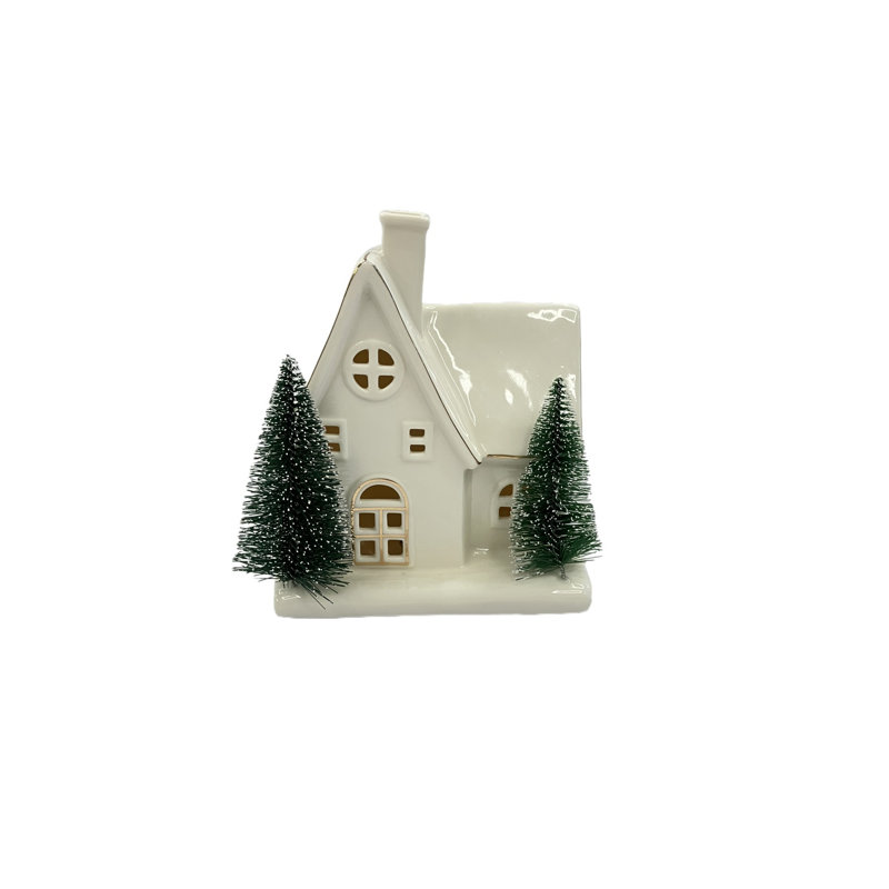 LED Ceramic White & Gold House with Brush Christmas Trees