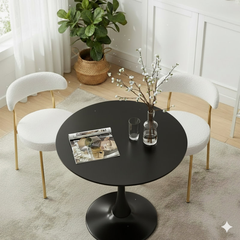 Round Dining Table Sets With 2 Chairs, Black, White/Gold