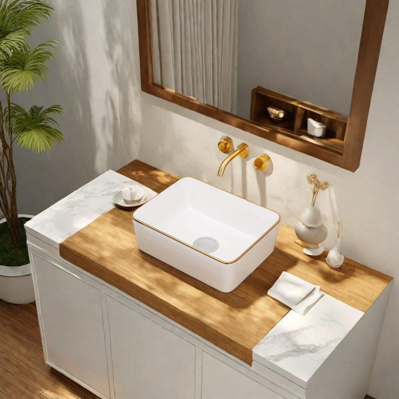 16 x 12 Inch White Ceramic Rectangular Vessel Sink with Gold Rim