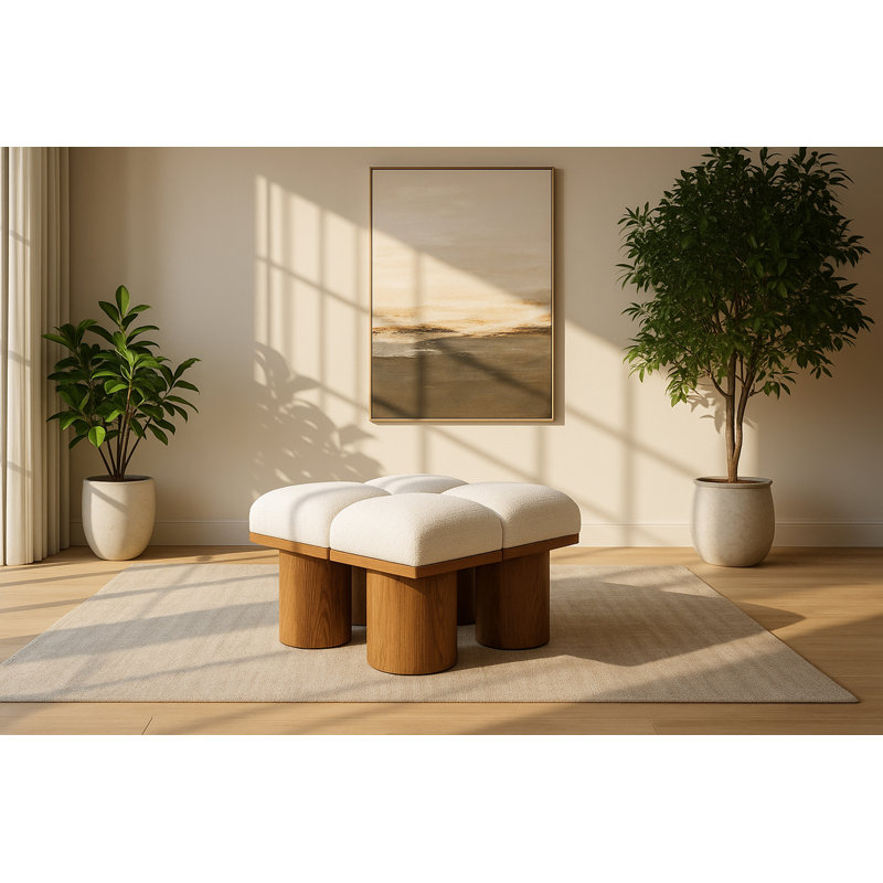 Banc rembourré Horatia, Tissu crème bouclé, Noyer brun, H 17,5 po x l 31 po x P 36 po