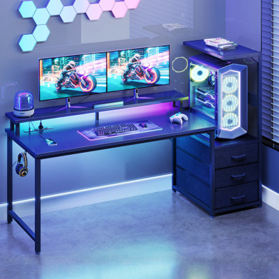 Nellie 59"W Gaming Desk With Monitor Stand &  Cpu Stand,Computer Desk With Power Outlet & RGB LED Lights,Home Office Desk With Storage Drawers