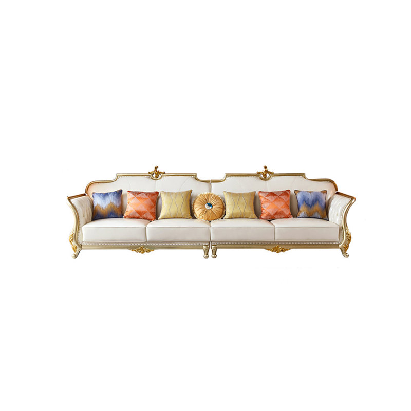 Cowhide European Villa Solid Wood Oak Sofa 141.7'' Leather Sofa, Champagne Genuine Leather