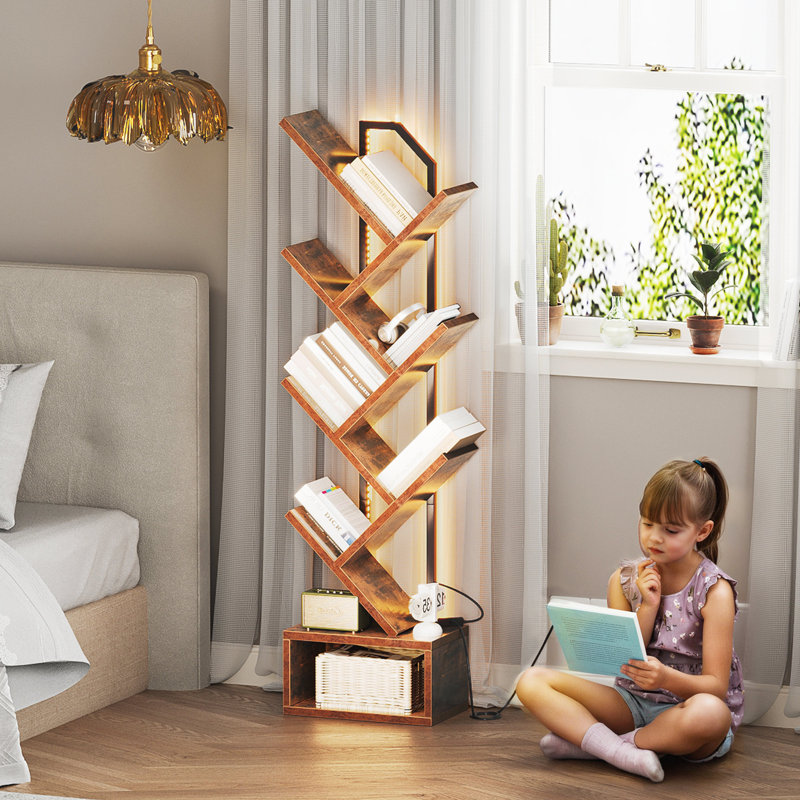 Tree Bookshelf With Led Lights, 6 Shelf Retro Floor Standing Bookcase With Spacious Storage Space, Utility Book Organizer Shelves With Stable Structure