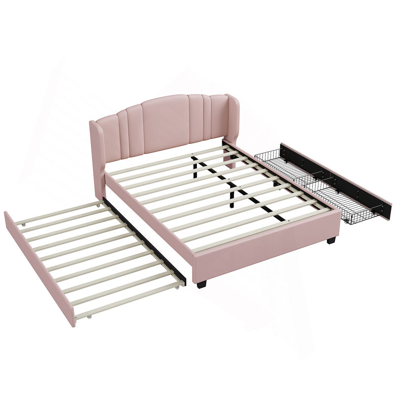 Lit plateforme tapissier à oreilles avec lit gigogne et tiroirs, Rose