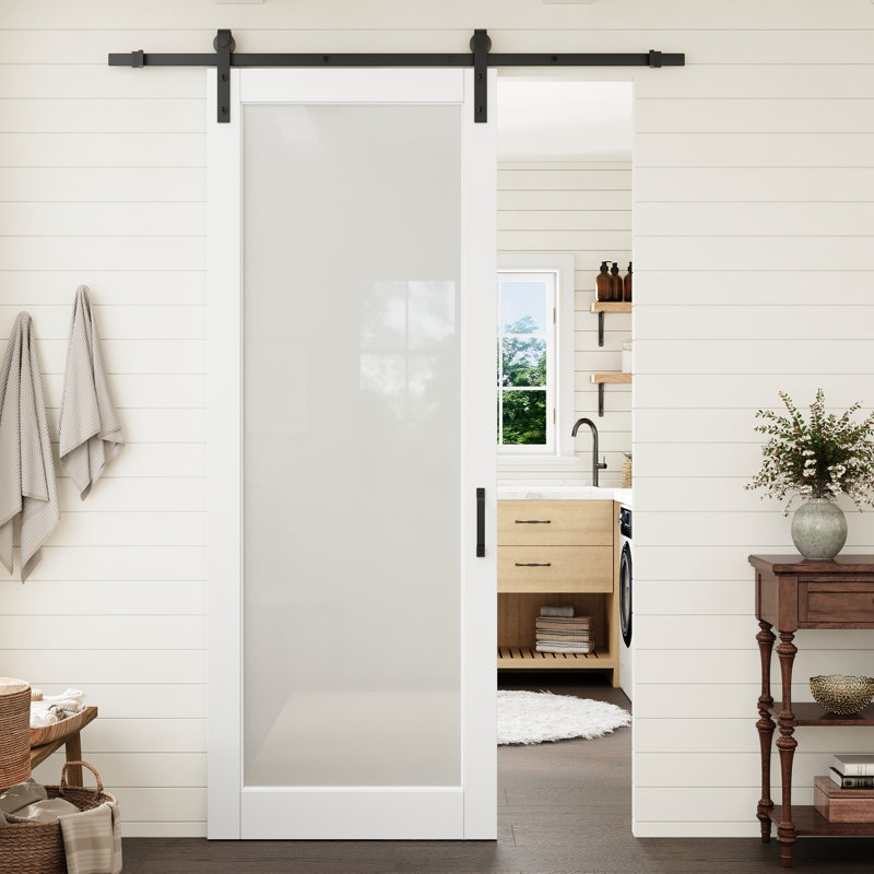 96" White Prime Full Site Frosted Glass Slab Door with Barn Door Hardware Kit, 32" x 96"