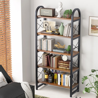 23.6" 5-tier Arched Industrial Bookcase, Rustic Solid Wood Open Shelves With Metal Frame, Vintage Display Storage Rack For Living Room Bedroom