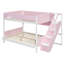 Lit double superposé au-dessus de grand lit double avec escalier à rayures et tablettes latérales, rose-952675850
