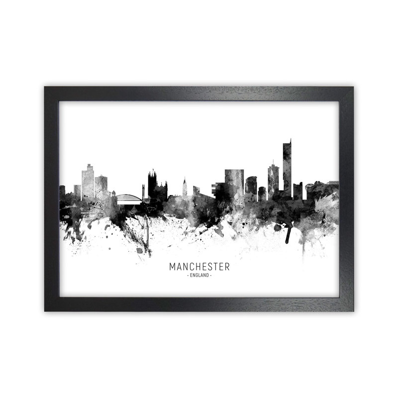 Manchester England Skyline Black White City Name by Michael Tompsett - Print, 64cm H x 88cm W x 3cm D, Black Framed