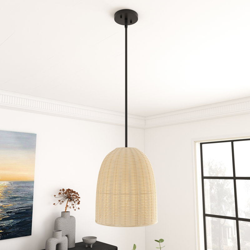 Luminaire suspendu simple à intensité variable avec abat-jour en rotin 1 lumière Derrytown, Noir mat / rotin