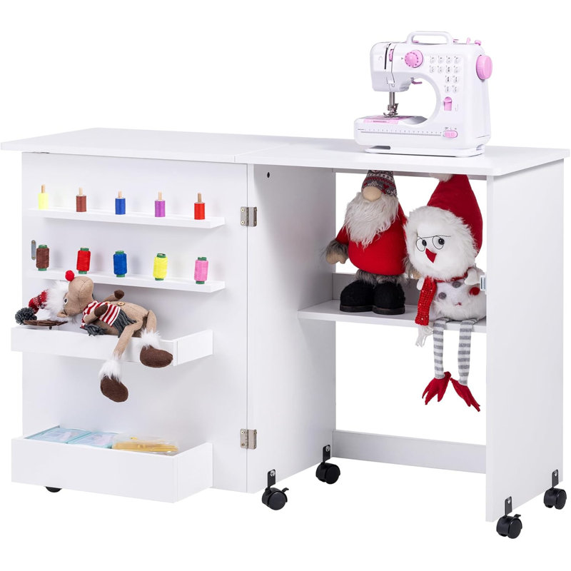 Table de couture pliante avec roues, tablettes, bacs, chevilles, verrous magnétiques - blanc, Blanc