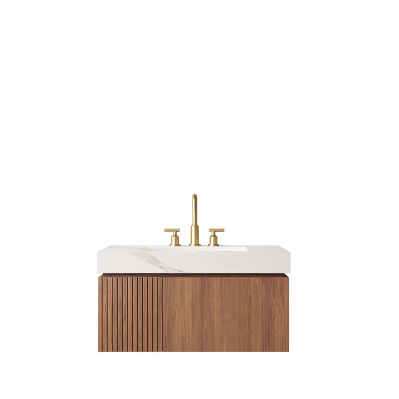 Meuble-lavabo de 36 po avec comptoir en pierre frittée, vasque en céramique et armoire de rangement en contreplaqué flottant, pré-assemblé avec tiroir et porte