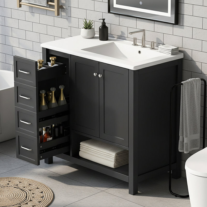 Meuble-lavabo 36 po avec comptoir d'évier, meuble-lavabo avec deux portes et deux tiroirs, bois massif, tablette ouverte, panneaux de fibres à densité moyenne