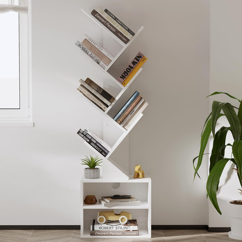 Bibliothèque en forme d'arbre à 6 niveaux, bibliothèque haute et étroite avec armoire de rangement pour petits espaces, White