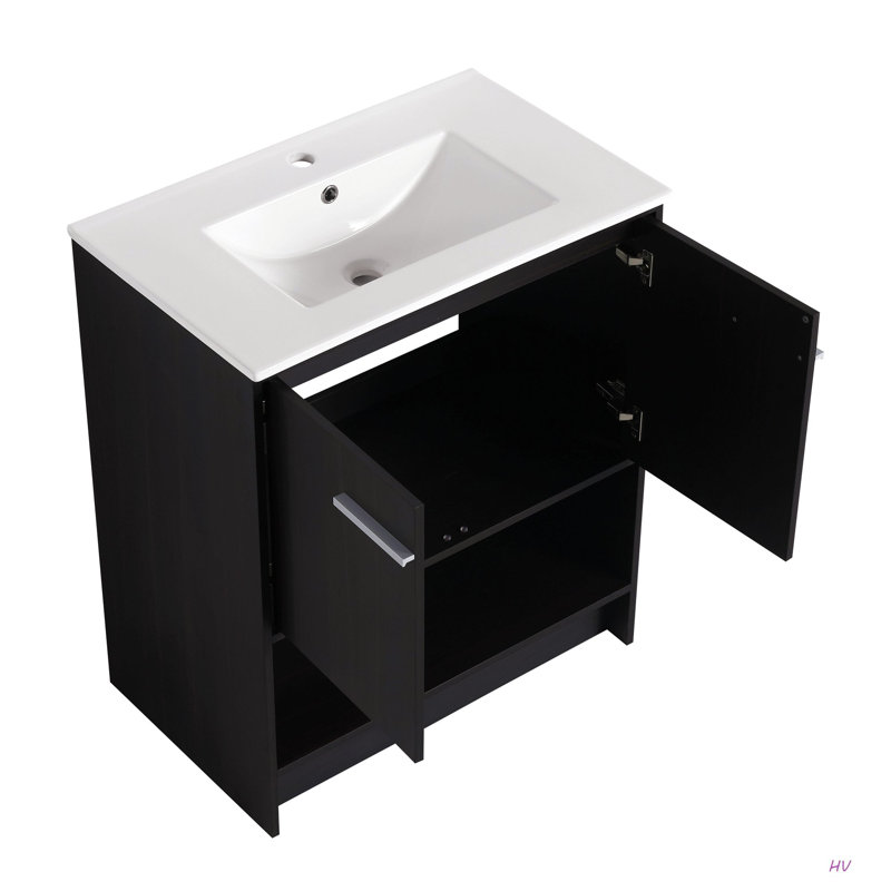 Meuble-lavabo 30 po avec lavabo en céramique, 2 portes à fermeture douce, meuble-lavabo autoportant, contreplaqué, Noir, 30"