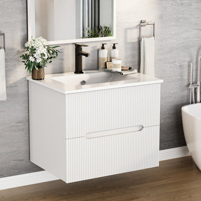 24-Inch Wall-Mounted Bathroom Vanity with Ceramic Sink – Floating Cabinet Set with Soft-Close Drawers, Faucet, and Pop-Up Drain in White Finish
