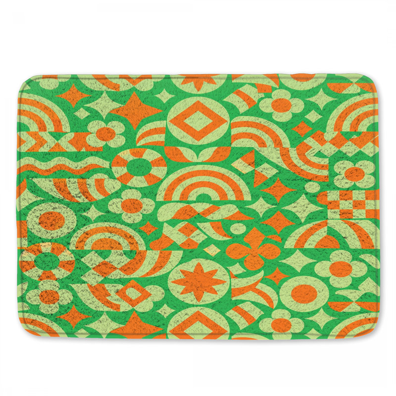 Tapis de bain à formes géométriques vertes et orange, 34in W x 21in L