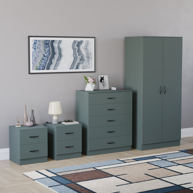 Tayce 4 Piece Bedroom Set (2 Drawer Bedside Cabinet X2, 5 Drawer Chest, 2 Door Wardrobe), Green