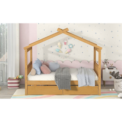 Lit plateforme double pleine grandeur, tiroirs et rangement pour les vêtements, construction, tête de lit en bois avec tiroirs, toit en ciel imaginatif, pieds robustes, expérience de sommeil confortable