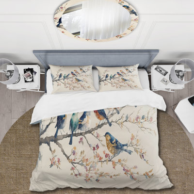 Ensemble de housse de couette multicolore Birds On Plum Blossoms Tree en microfibre / polyester
