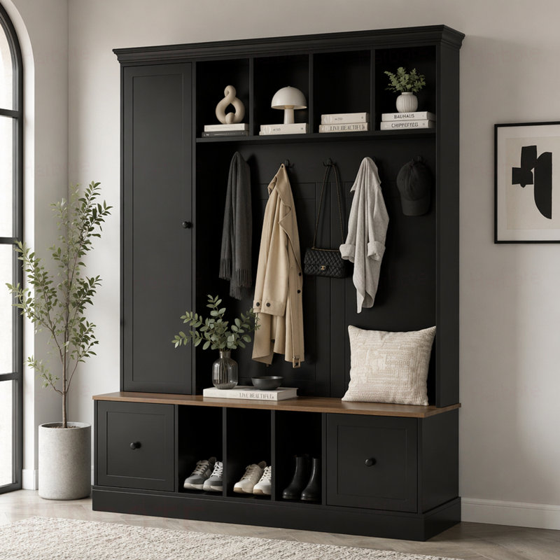 Arbre d'entrée 62,2 po avec banc de rangement pour chaussures, porte-manteau d'entrée avec 5 crochets, armoire à tablette réglable avec tiroirs