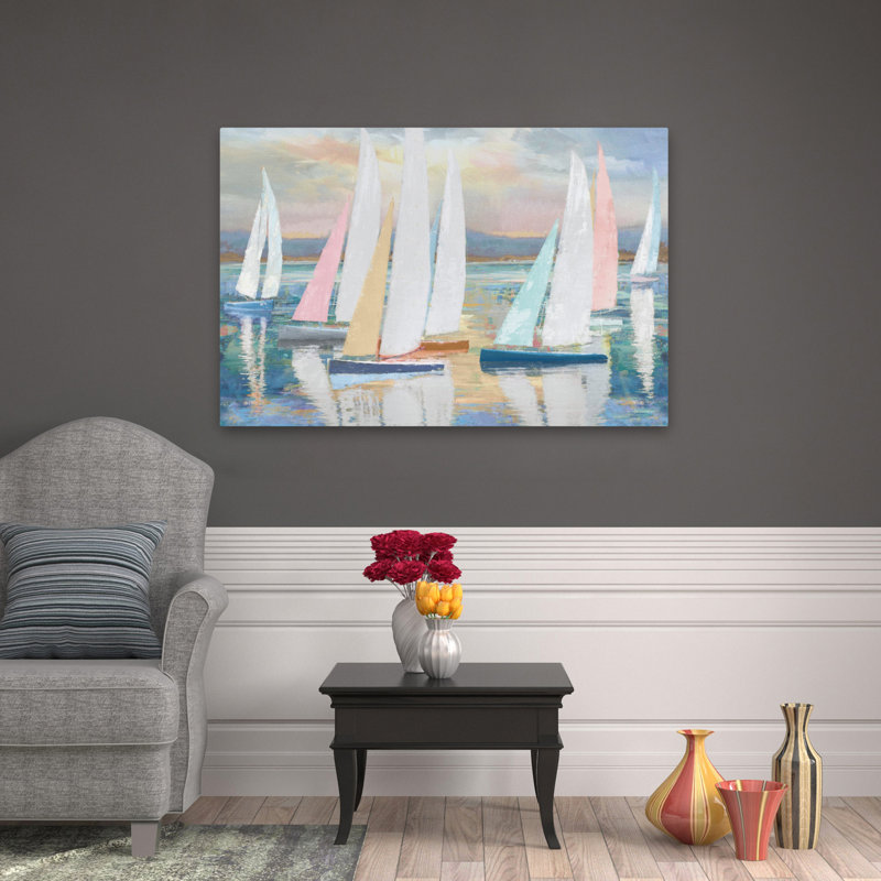 Coucher de soleil sur la voile - voiliers colorés côtiers contemporains, H 48 po x l 32 po