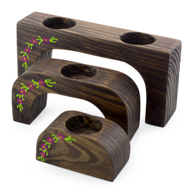 Ensemble de porte-photophore en bois 3 pièces fuchsia pétales
