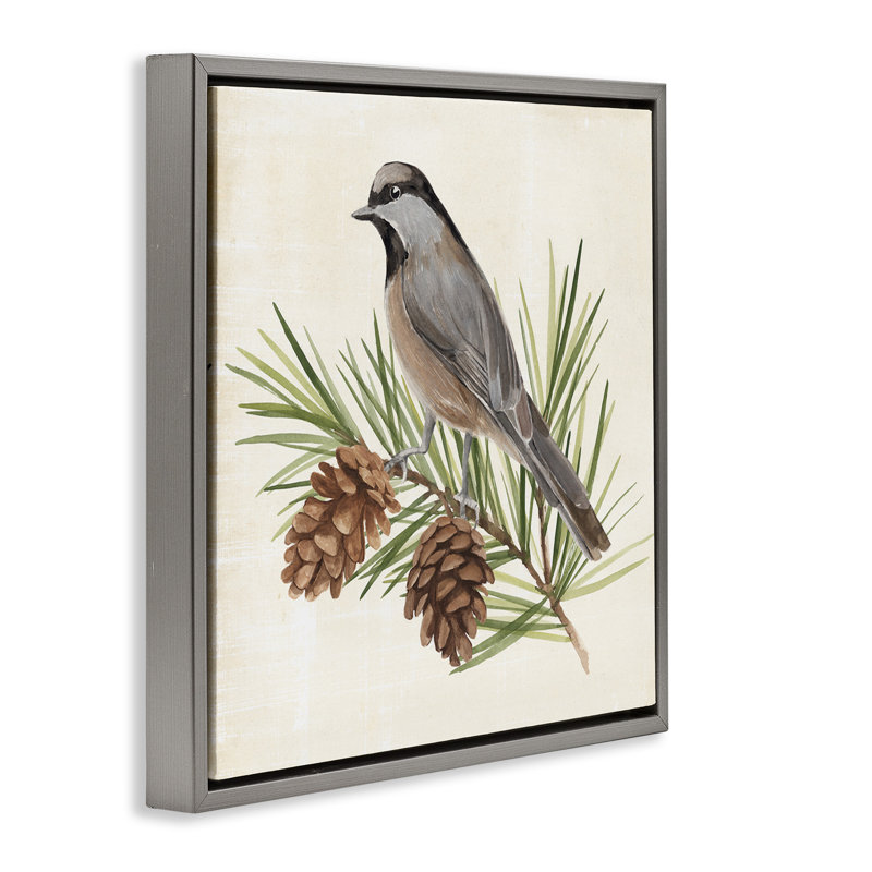 Oiseau sur pin, Cadre flottant gris lustré, H 18 po x l 18 po