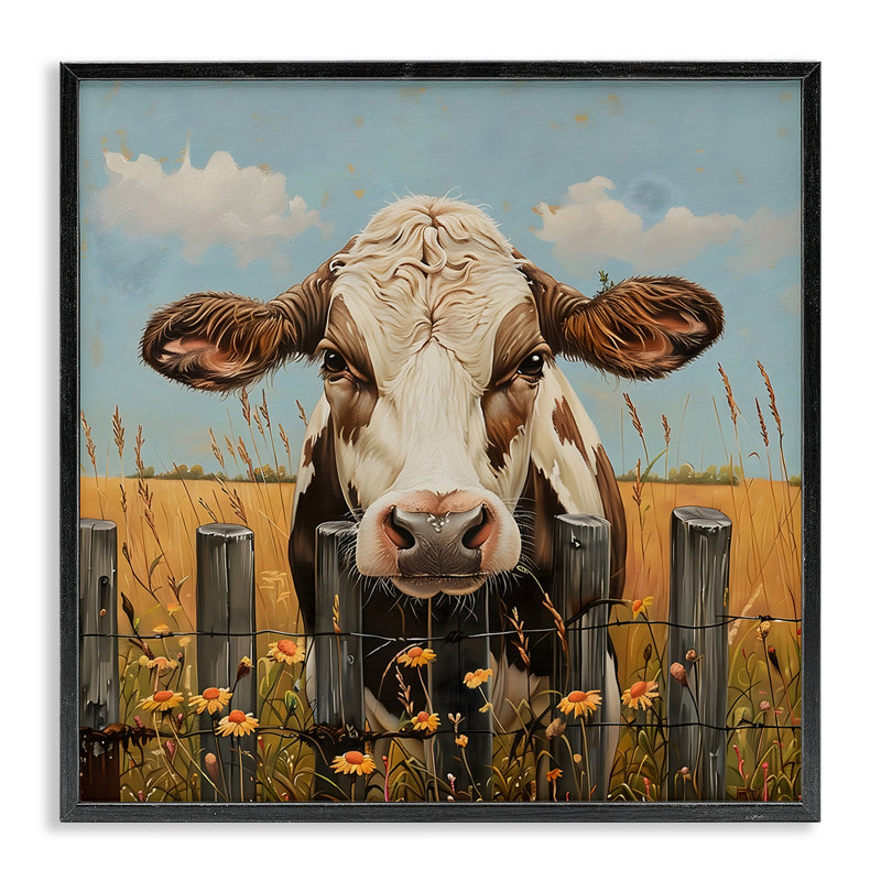Vache et marguerites encadrées, estampe numérique, design par LSR Creative Studio, H 17 po x l 17 po