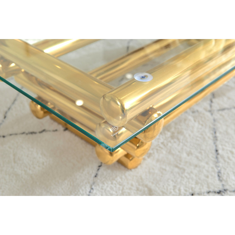 Table basse rectangulaire moderne en acier inoxydable de 55 po, plateau en verre trempé transparent, table de salon, style moderne, doré