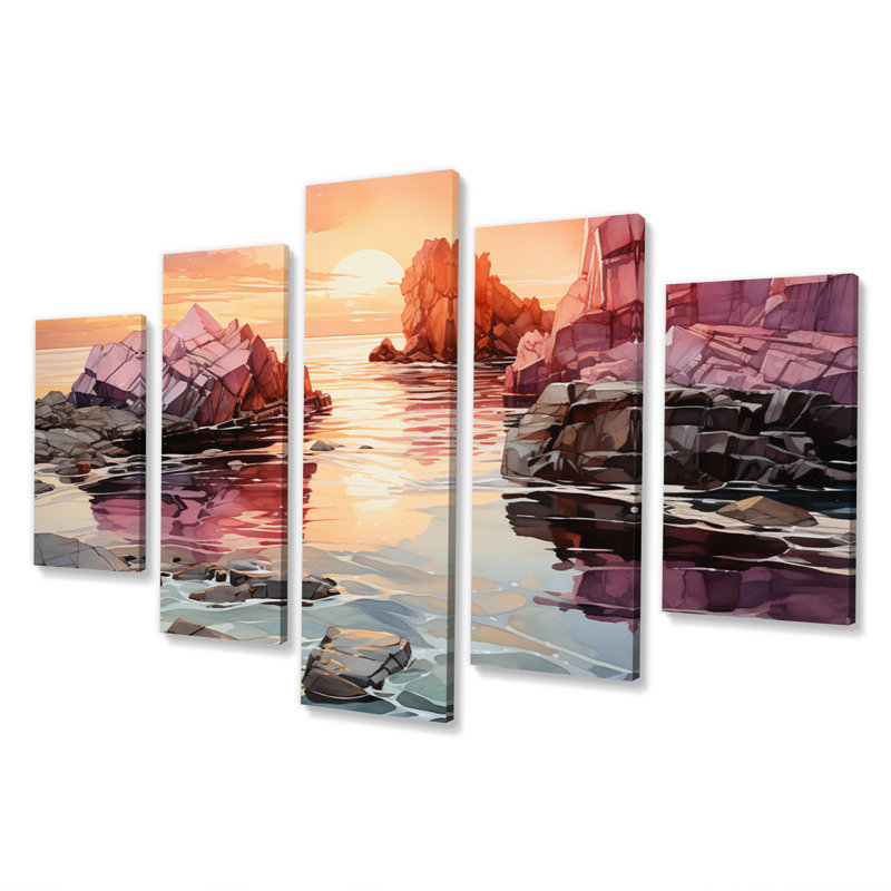 Orange orange et gris, «Iceberg», art mural sur toile, 5 panneaux