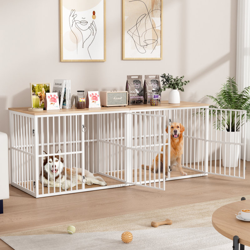 86.7" Double Dog Crate Furniture For 2 Large Dogs, Rustic Brown, Natural/White