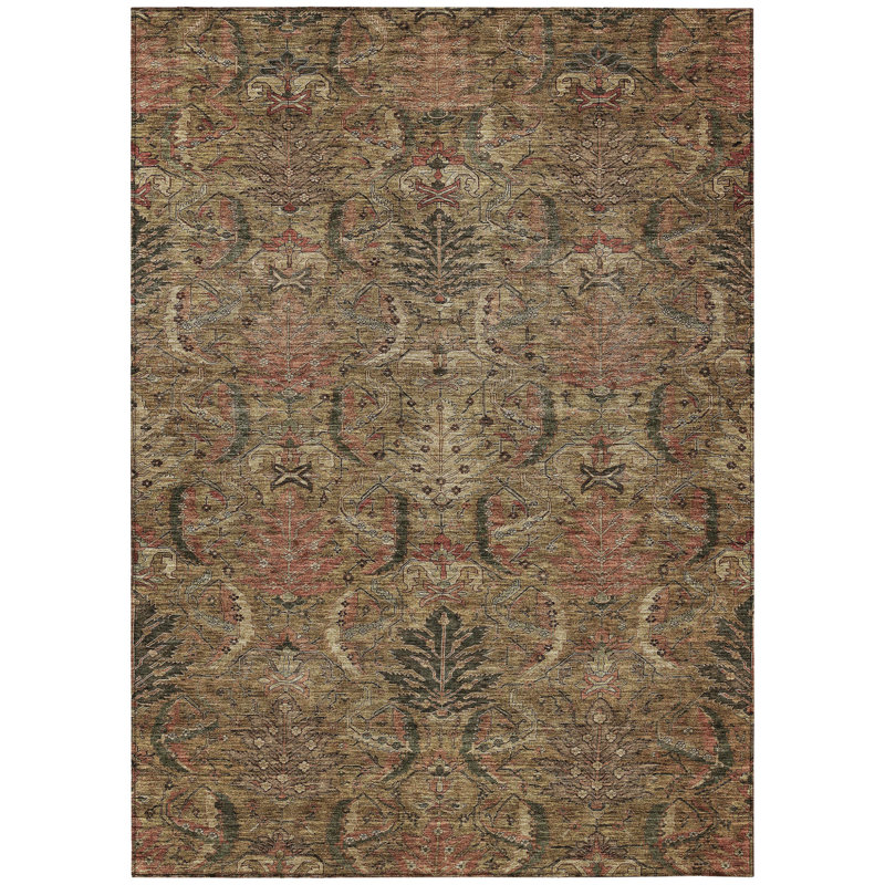 3' X 5' Brown Charcoal And Brick Red Damask Washable Indoor Outdoor Area Rug