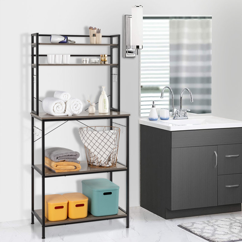 Washed Gray Industrial Metal and Wood Baker's Rack with Hooks