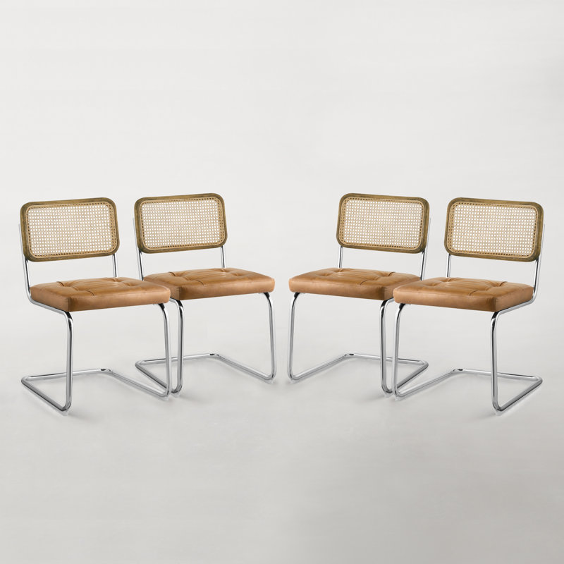 Chaise d'appoint rembourrée capitonnée avec dossier en rotin Lidda, Brun jaune