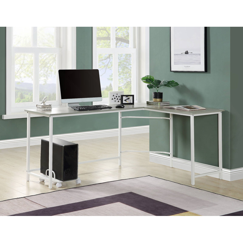 Bureau d'ordinateur en L Bambina à finition grise et blanche avec bord biseauté et rangement mobile, parfait pour les petits espaces et les postes de travail modernes.