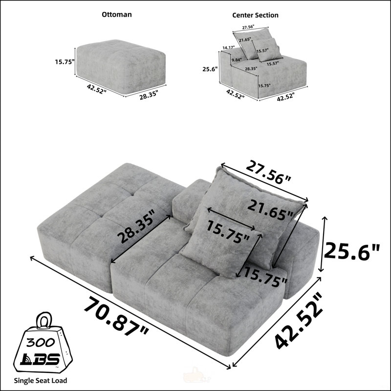 Modern Oversized Modular Sectional Sofa, Gray