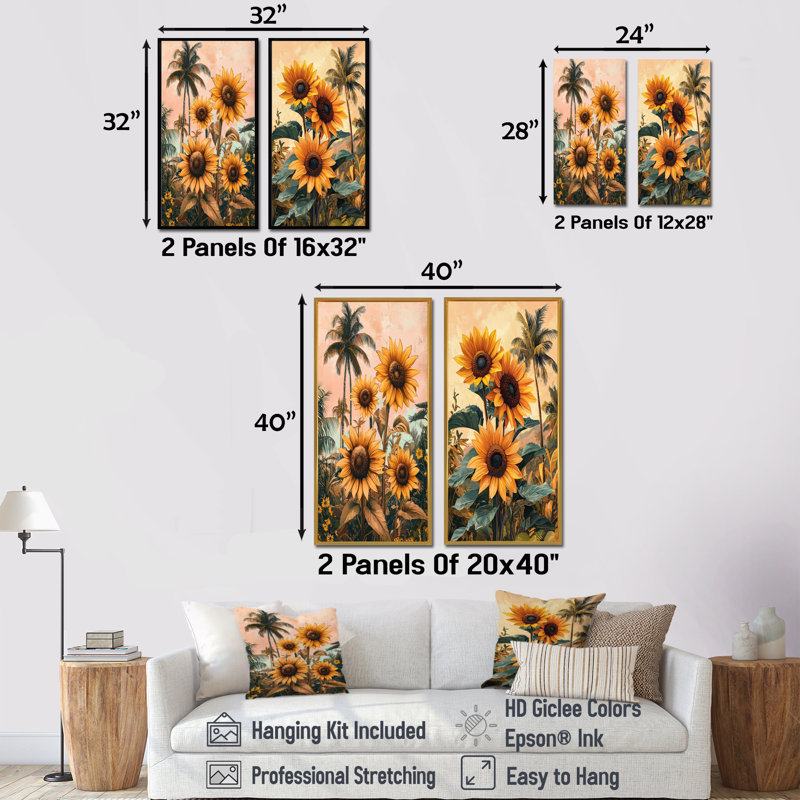 Tournesols tropicaux champ dans le sud I - Art mural floral 2 pièces, H 32 po x l 33 po, Cadre flottant blanc
