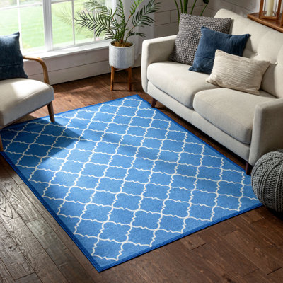 Tapis géométrique bleu à motif treillis Bethie
