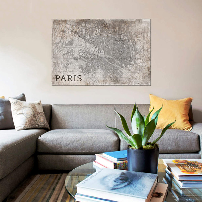 Carte de Paris, rétro par PI Studio - impression, H 18 po x l 26 po x P 1,5 po, Pas de tapis, Papier d'art encadré noir