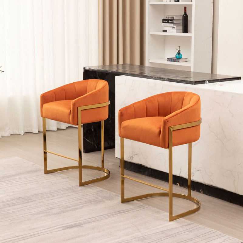 Yes Upholstered Velvet Bar Stool, Orange