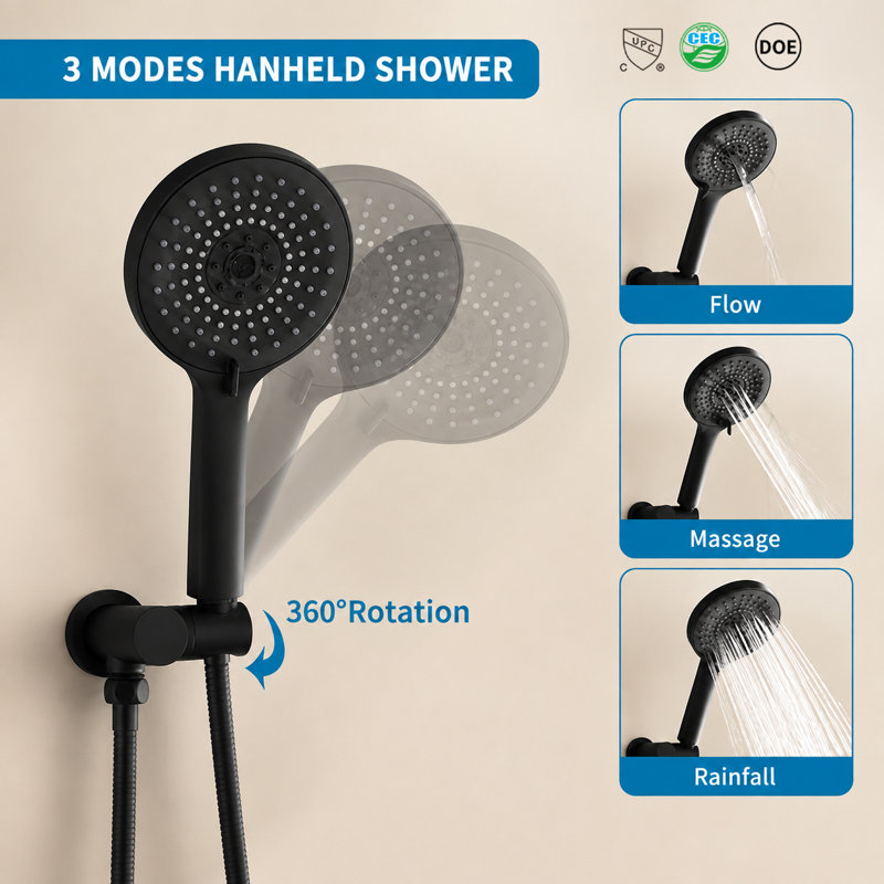 12 Inch Rainfall Shower System with Brass Valve - 2 Function (Top/Hand) & 3 Modes Handheld Shower (High Pressure)