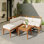 Ensemble de canapé de patio 6 pièces en teck + beige, ensemble de mobilier de jardin modulaire d'extérieur en bois d'acacia Ensemble de conversation convertible en L avec repose-pieds et table basse
