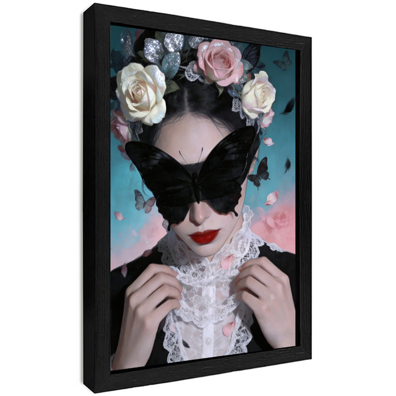 Reproduction d'art encadré noir avec papillon et fille recouverte de fleurs, H 25 po x l 17 po